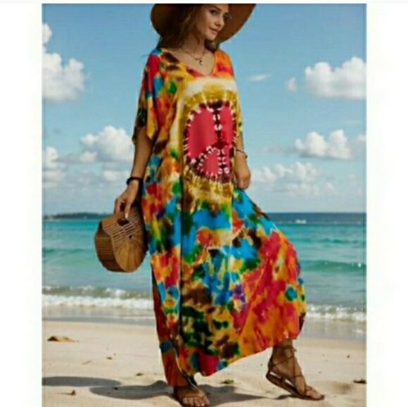 Kaftan Dress Tie Dye Peace Maxi Cover Up 1X ✌️NEW - Picture 6 of 10